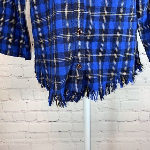 Umgee Blue Plaid Raw Fringe Hem Button Down - Picture 4 of 8